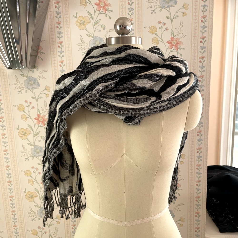 In trend! Tolani zebra print wool & sliver silk thread scarf